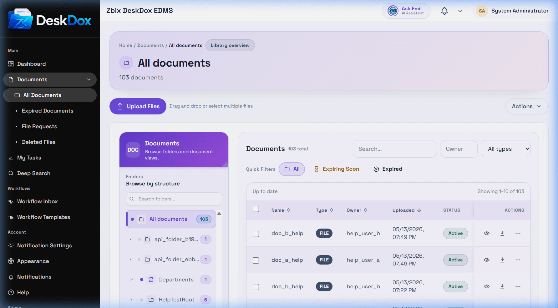 DeskDox EDMS document repository listing controlled documents with metadata