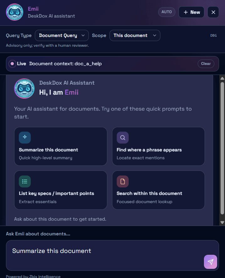 DeskDox Emii AI assistant answering a question against the document repository