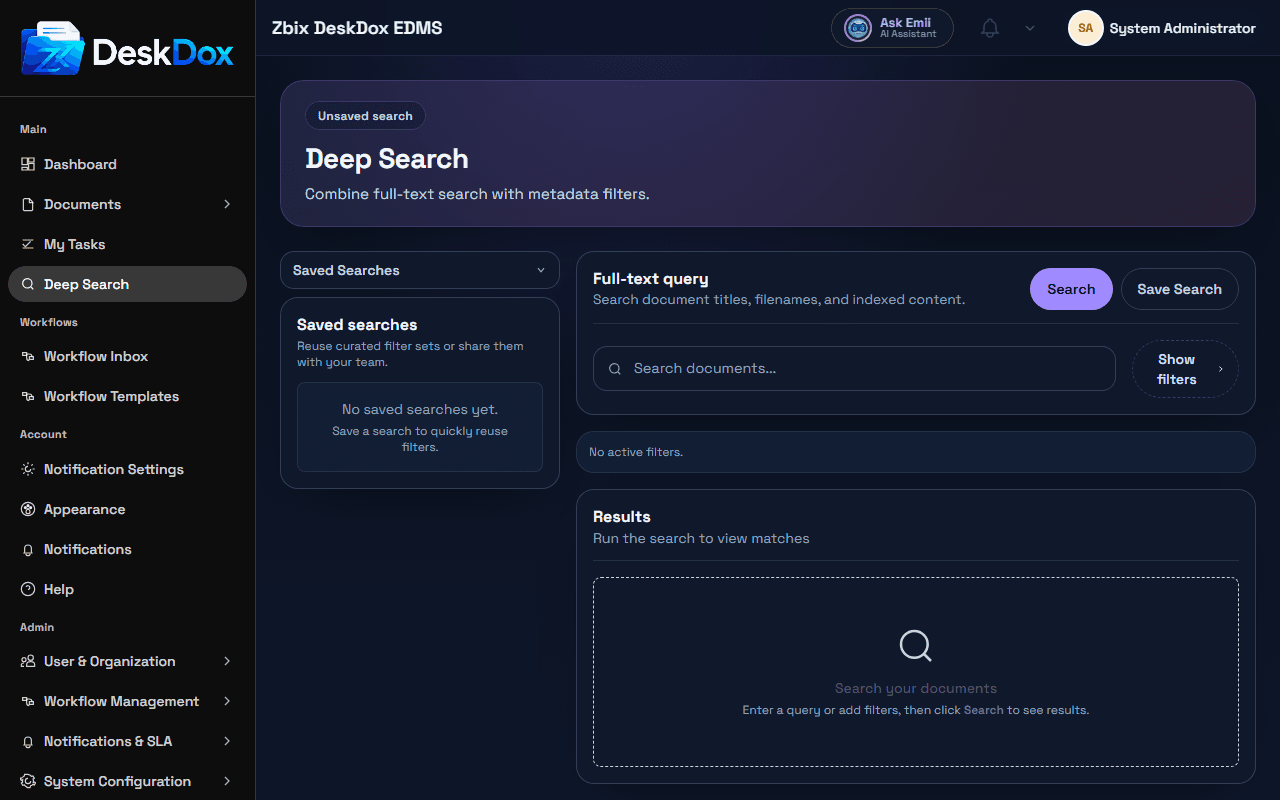 DeskDox EDMS OCR deep search returning results across scanned document content
