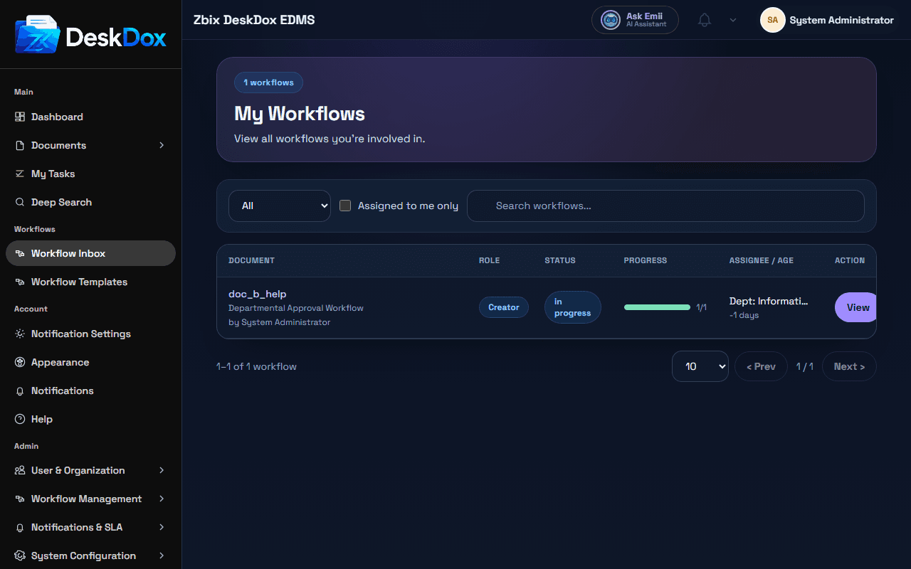 DeskDox EDMS workflow approvals view showing routed tasks and approval steps