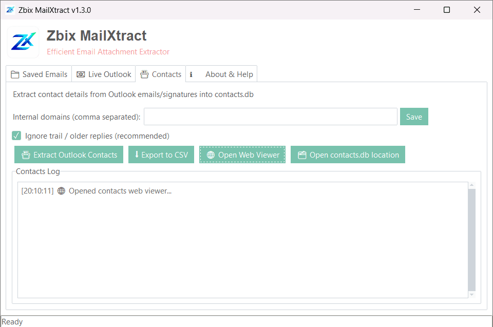 Zbix MailXtract Contacts tab extracting contact details from Outlook signatures with export options