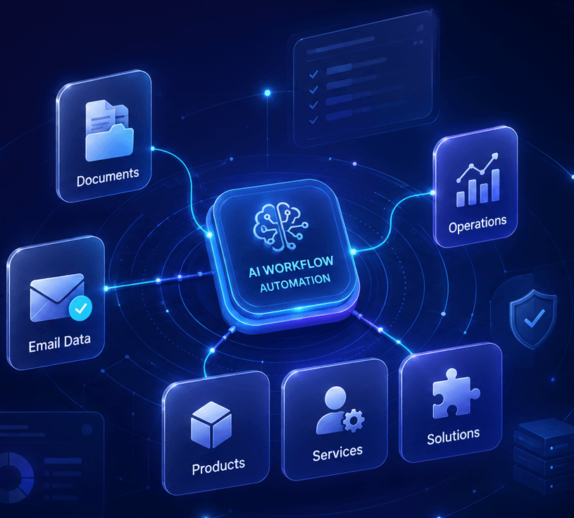AI workflow automation connecting documents, email data, operations, products, services, and solutions