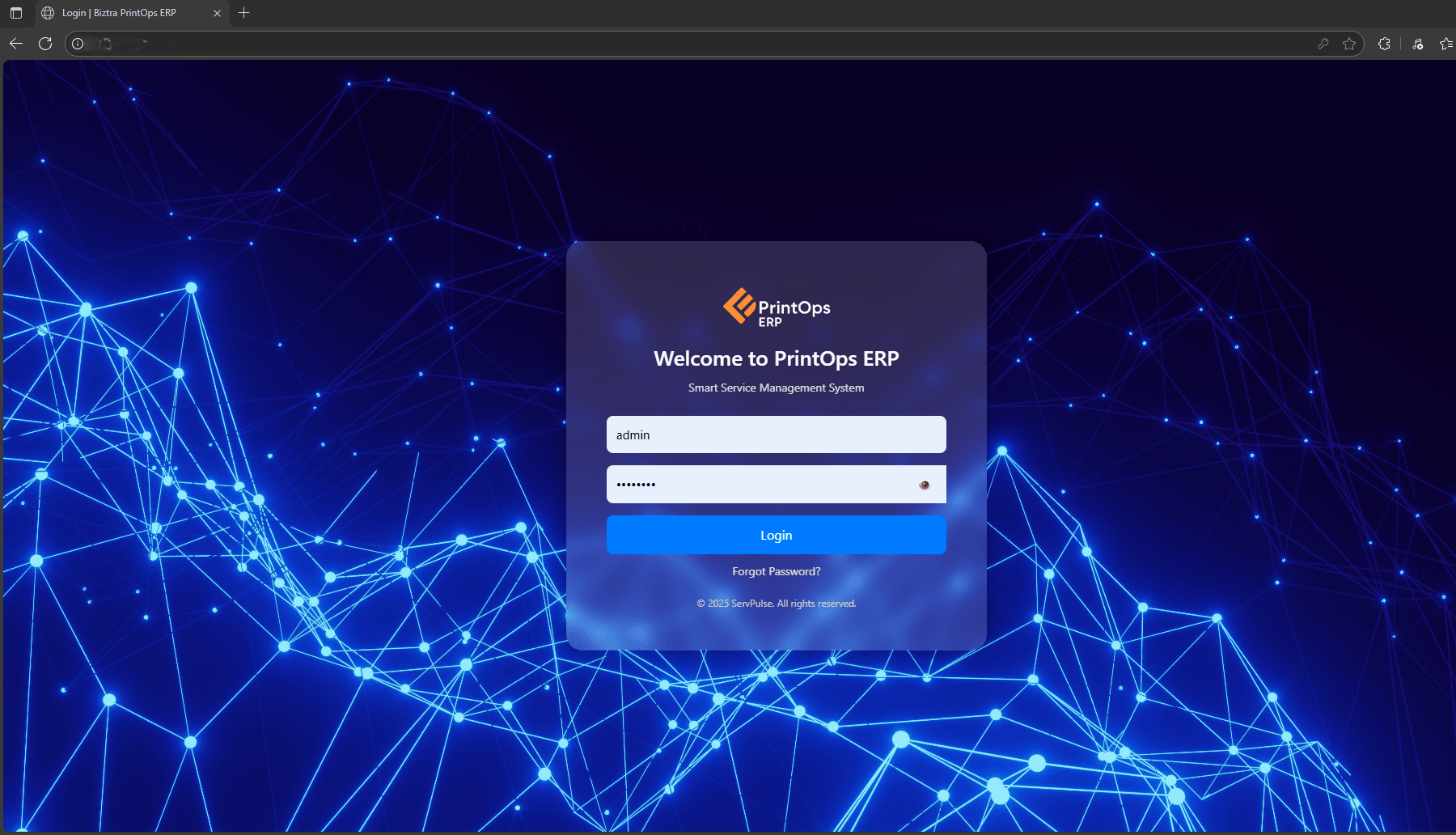 Zbix PrintOps secure login screen for role-based access to the operations platform